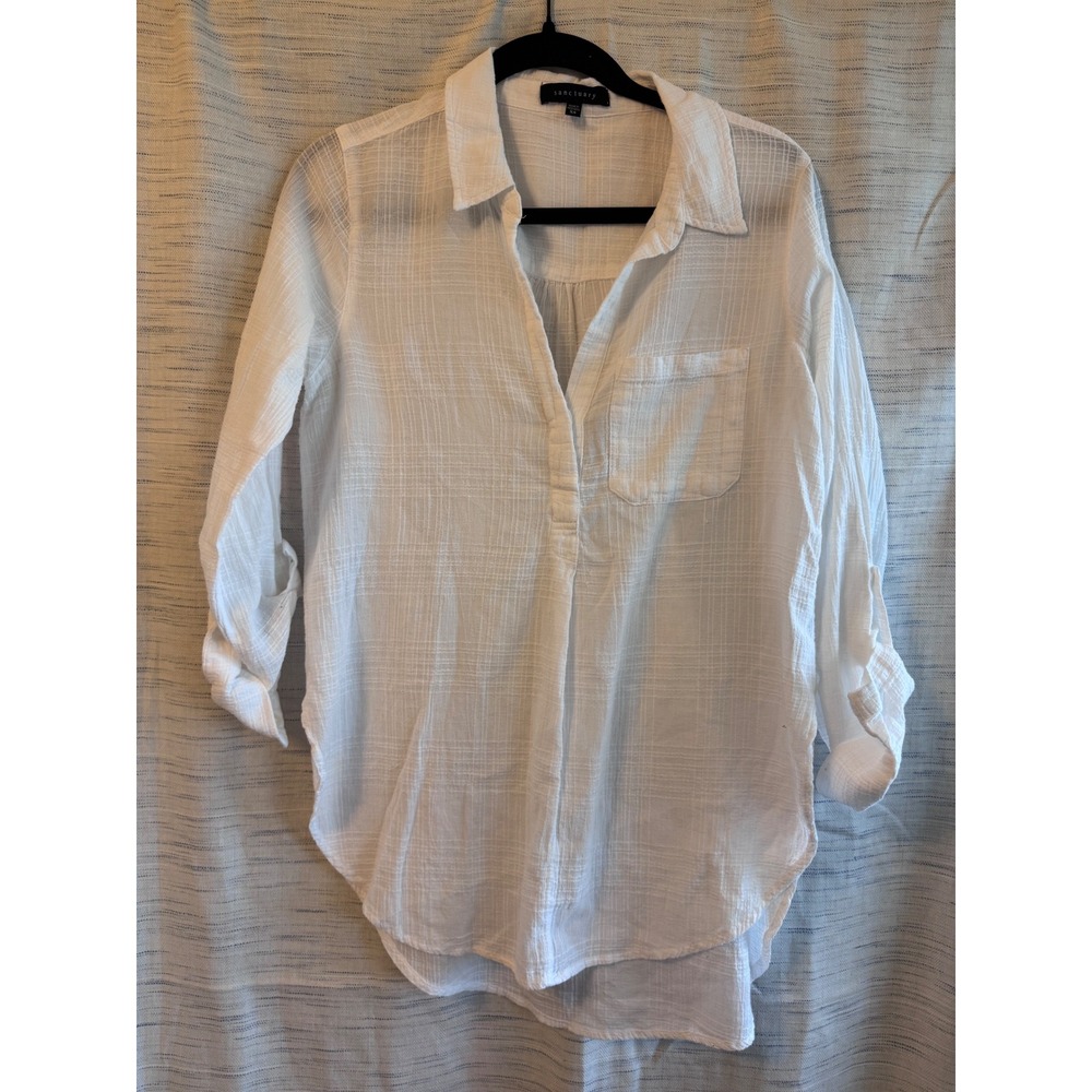 Sanctuary White Gauze Button Up Tunic Top Roll Tab Sleeve XS Blouse Popover